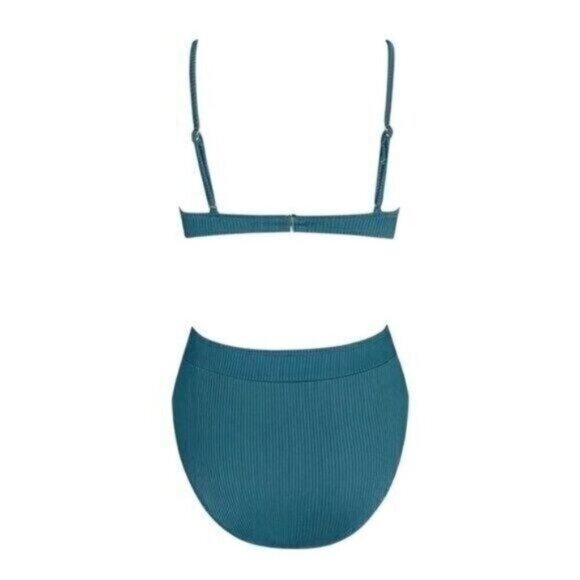 Cupshe Women’s Blue Ribbed Bikini Set Small Scoop Neck Top High Waist Bottom - Picture 6 of 8